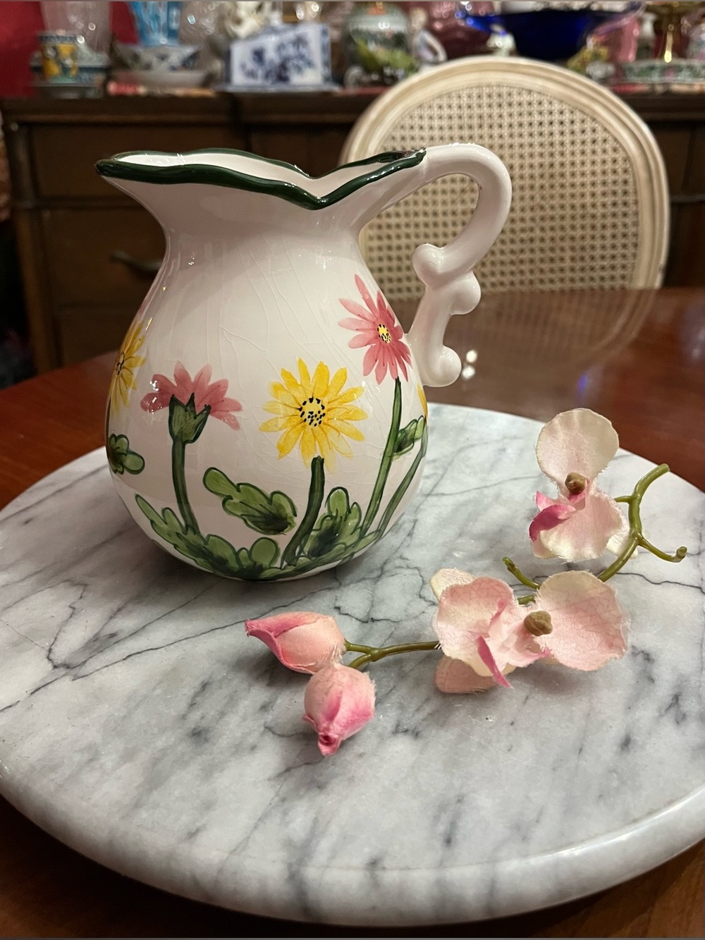 Vintage Cottagecore Ceramic Floral Pitcher - Hand Painted Daisies Vase
